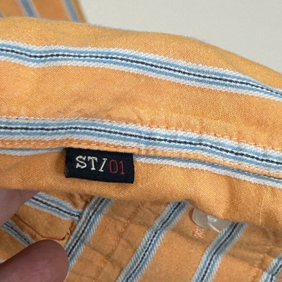 STRING THEORY Shirt M Mens Orange Blue White Stripe Cotton Button Down LS - Picture 5 of 8